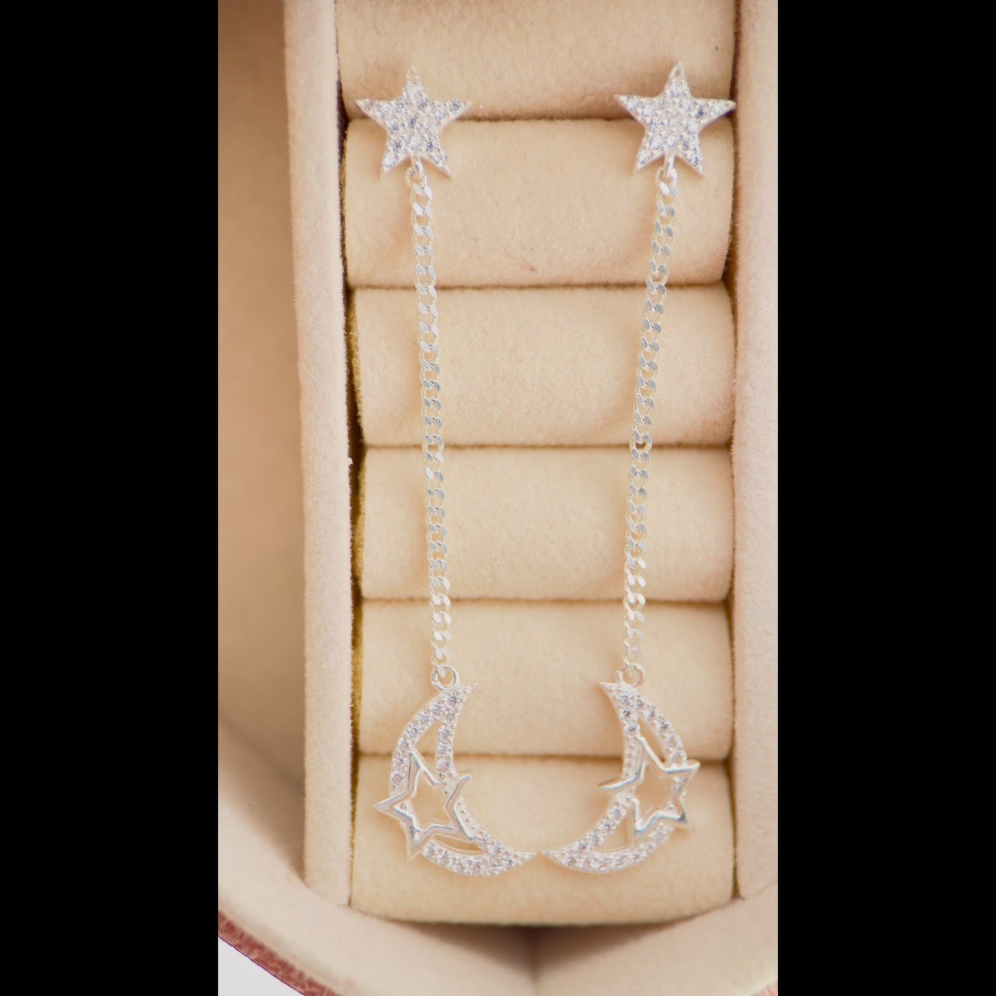 Aretes Estrella y Luna Colgante en Plata 925