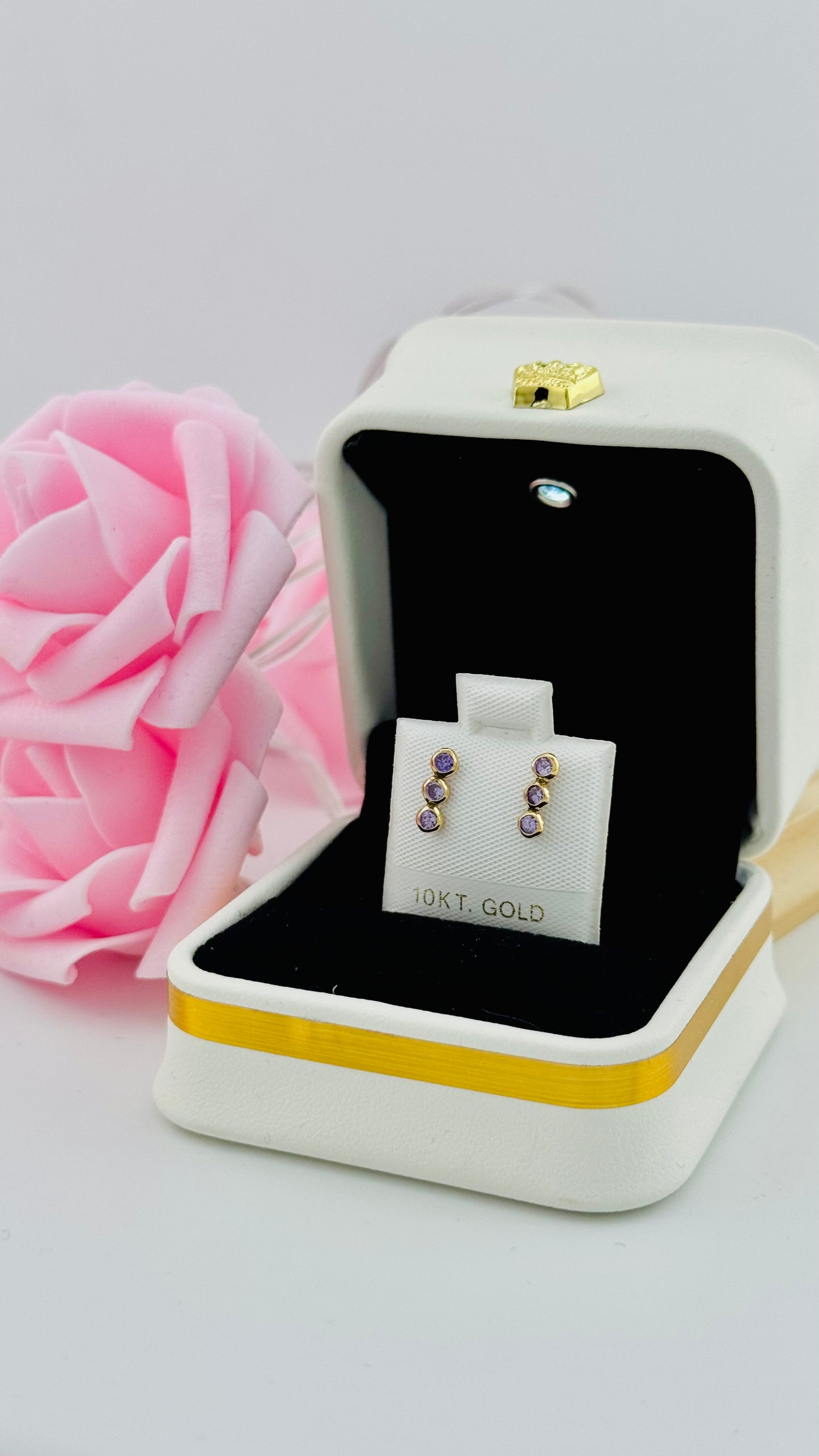 Aretes de Oro 10K Línea de Piedras Lila – Cierre de Rosca