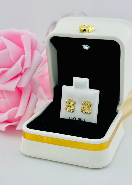 Aretes de Oro 10K Osito con Piedras – Cierre de Rosca