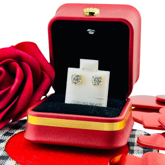 Aretes Solitario Clásico 6mm Brillo Dorado Plata 925