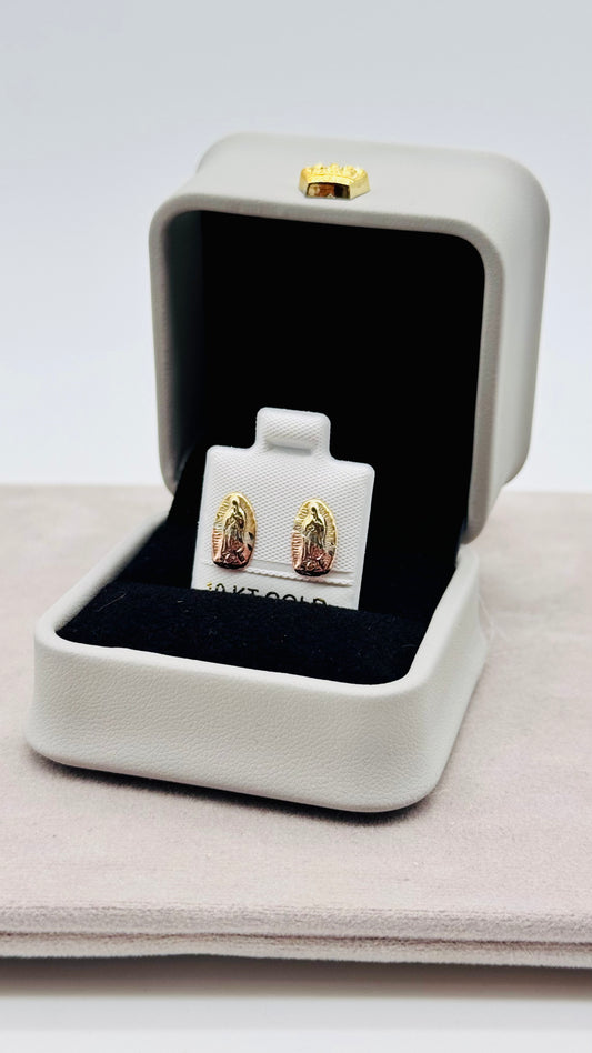 Aretes Virgen de Guadalupe en Oro 10K – Cierre de Enroscar Seguro