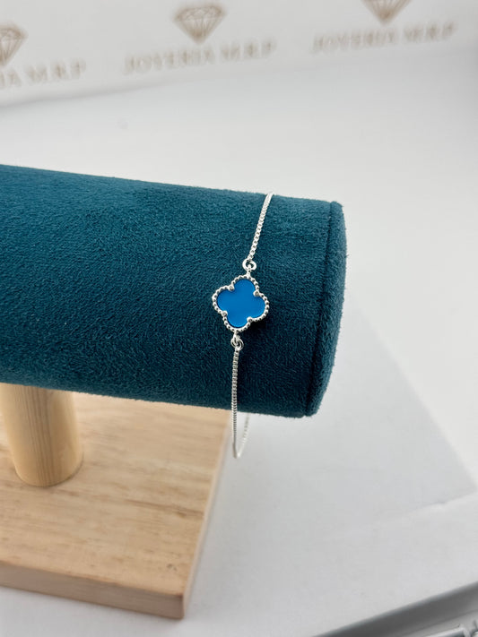 Pulsera Trébol Azul Mediano Ajustable – Plata 925