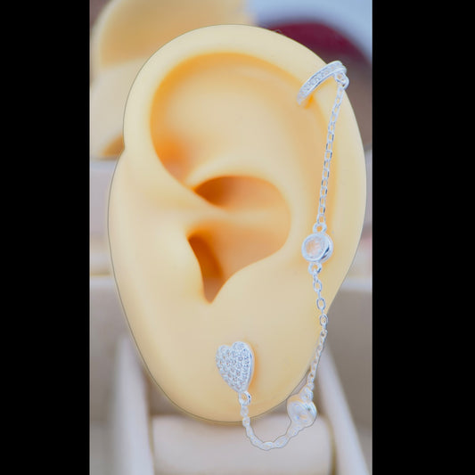 Arete Tipo Trepador con Cadena Plata 925 Corazón y Zirconias