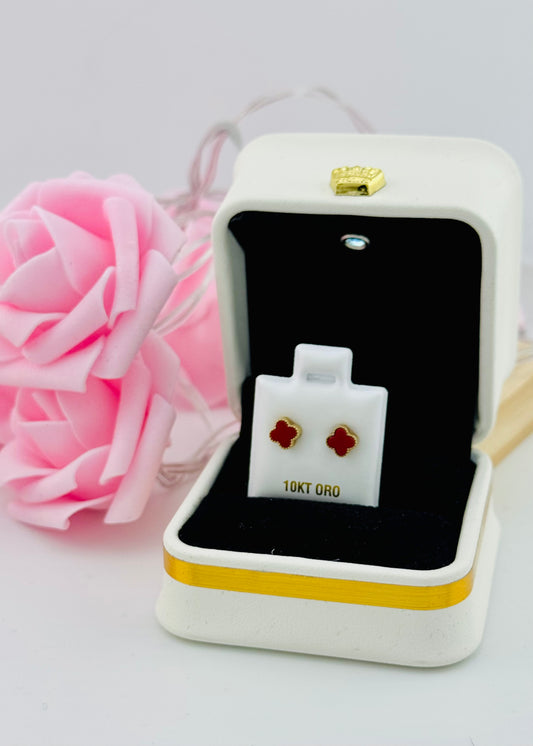 Aretes Trébol Rojo de Oro 10K