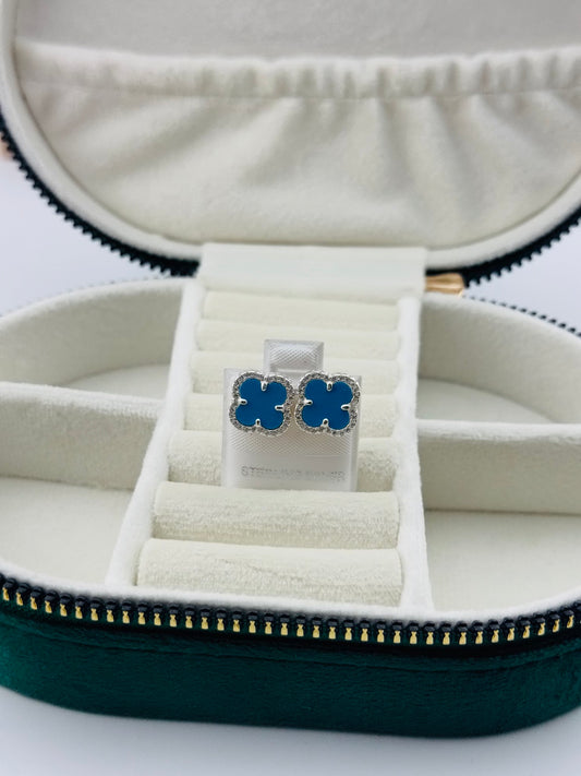 Aretes Trébol Azul con Zirconias en Plata 925