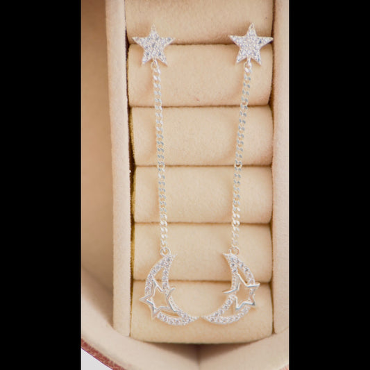 Aretes Estrella y Luna Colgante en Plata 925
