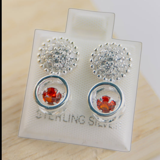 Aretes Doble Nivel Brillo y Rojo Plata 925