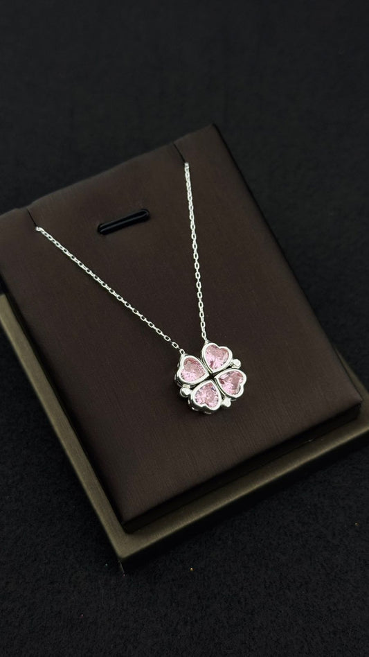 Collar Trébol de Corazones Rosas en Plata 925 Italiana