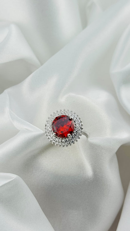 Anillo de plata italiana 925 con circonia doble halo roja
