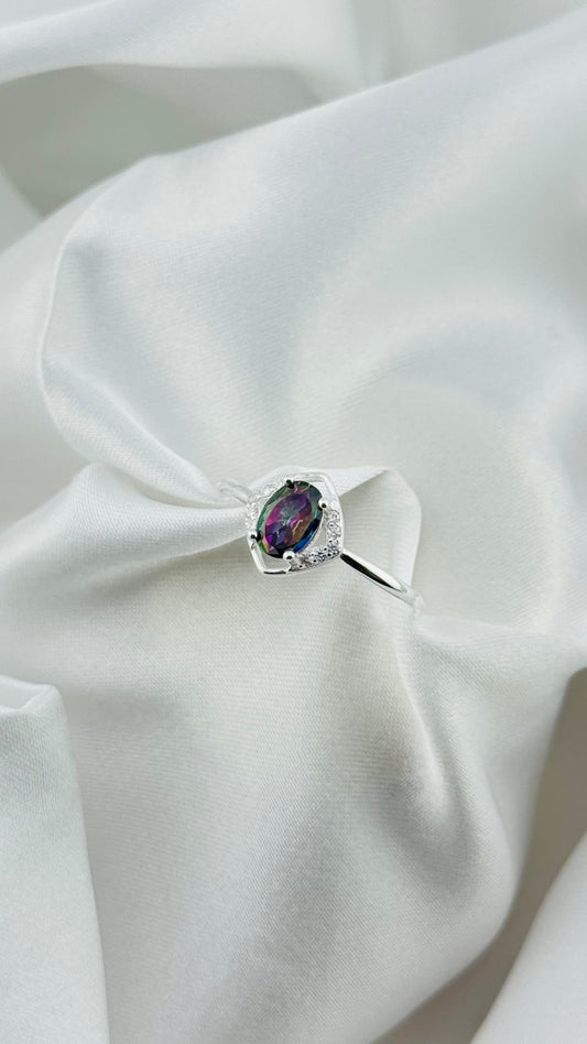 Anillo de plata italiana 925 con circonia multicolor corte oval