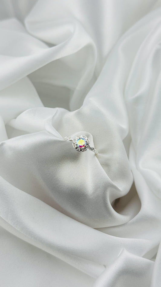Anillo floral vintage con circonia tornasol en plata italiana 925