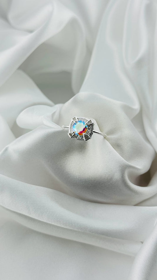 Anillo en plata italiana 925 con circonia tornasol arcoíris