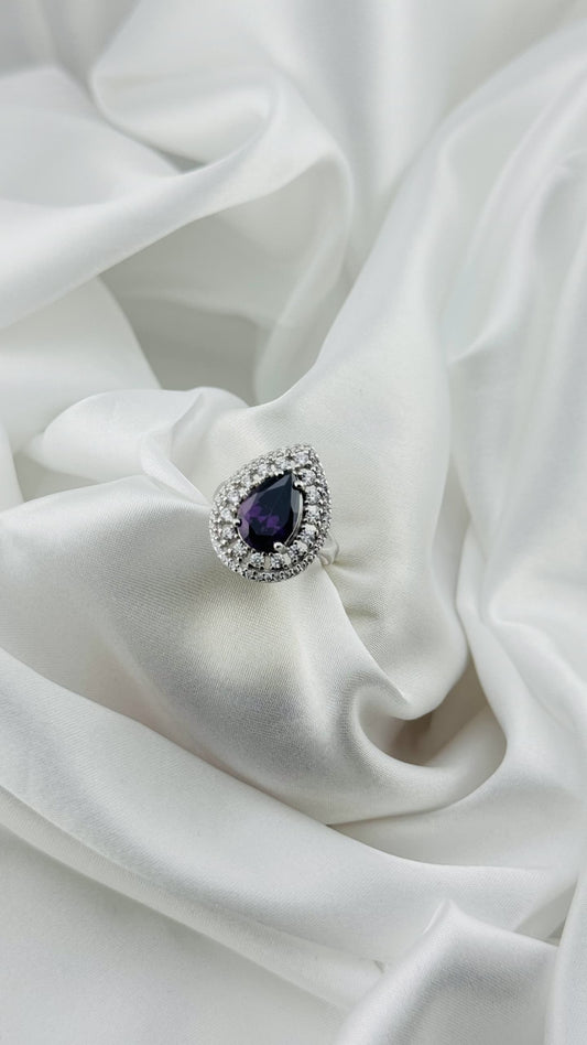 Anillo lágrima amatista con doble halo en plata italiana 925