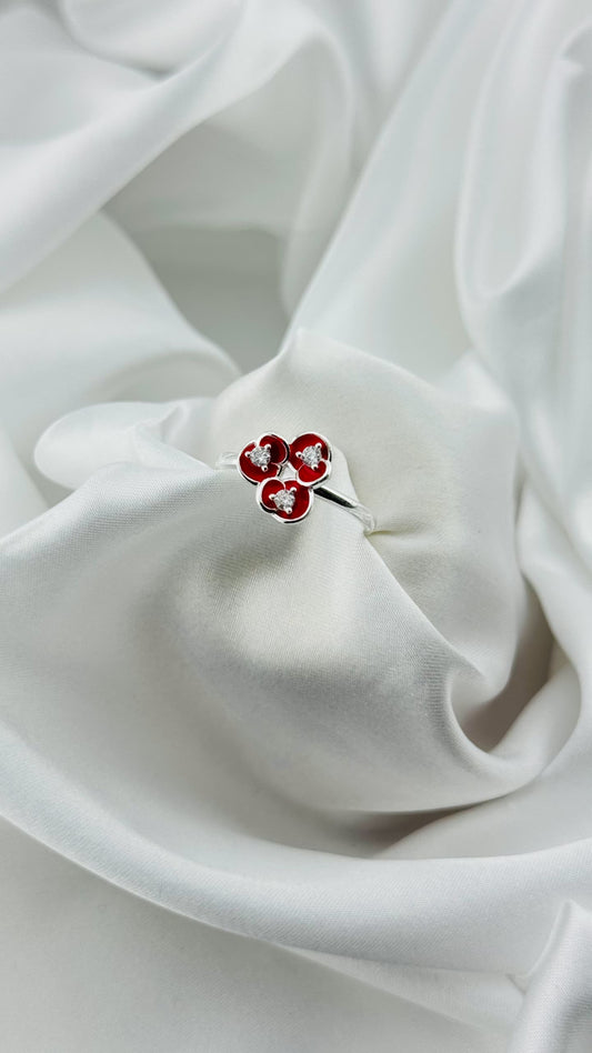 Anillo floral con esmalte rojo y circonias en plata italiana 925
