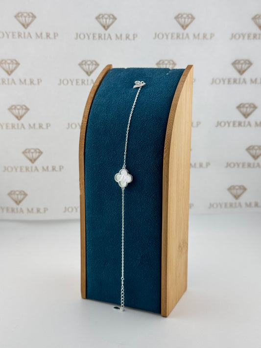 Pulsera Trébol Nácar 15 mm – Pulsera Plata 925 Ajustable (Variantes de Color)