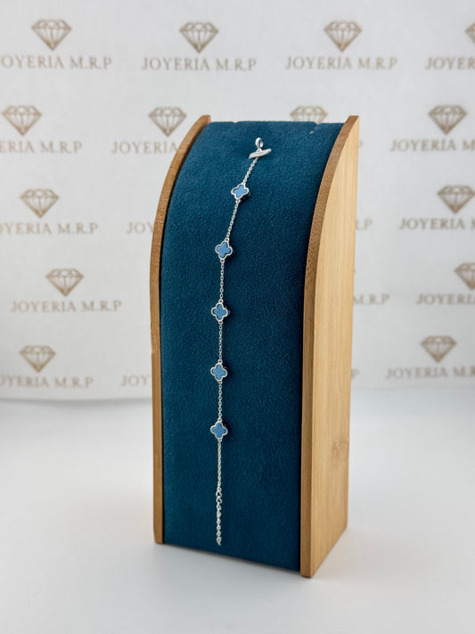 Pulsera 5 Tréboles Azul 8 mm – Pulsera Plata 925 Ajustable