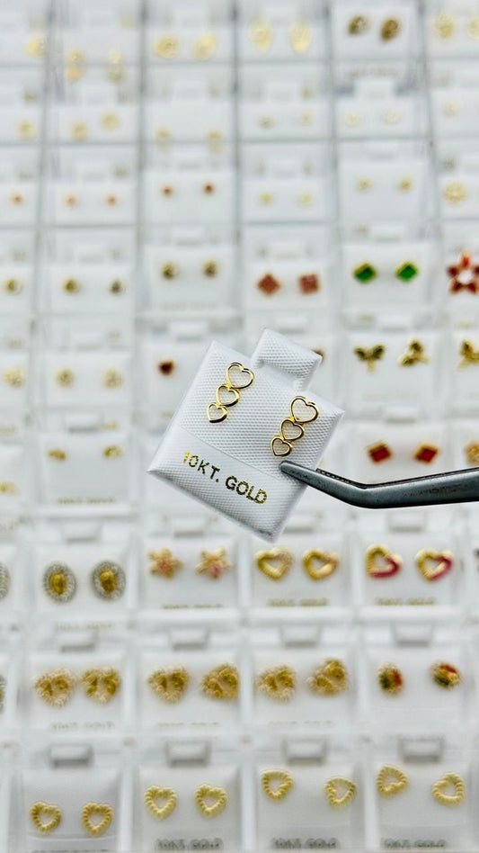 Aretes triple corazón en Oro 10K