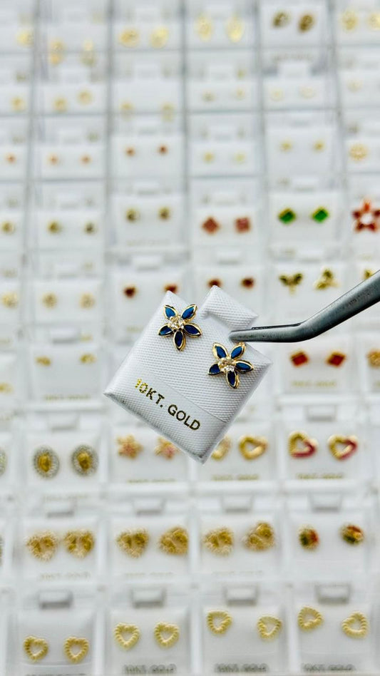 Aretes flor azul en Oro 10K