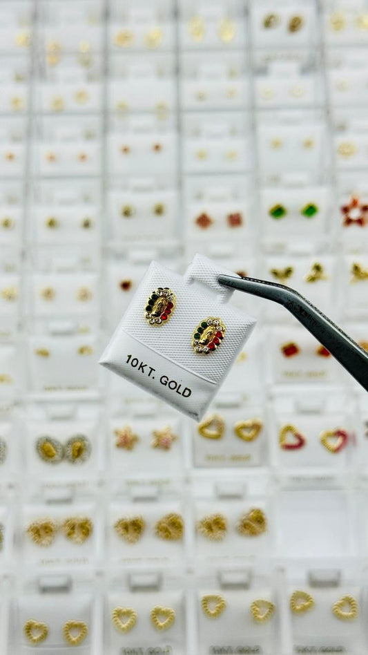 Aretes Virgen de Guadalupe con piedras tricolor en Oro 10K