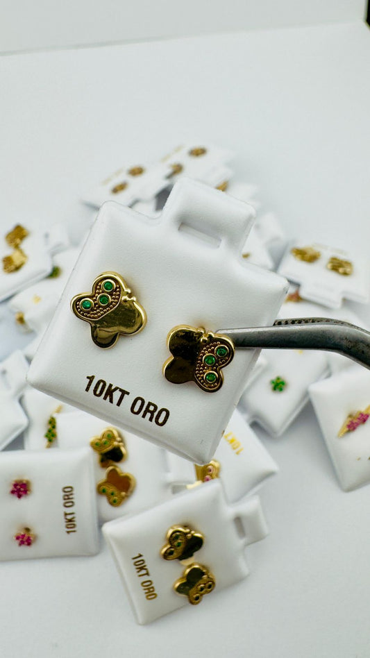 Aretes mariposa con detalles verdes en Oro 10K -Cierre de Rosca